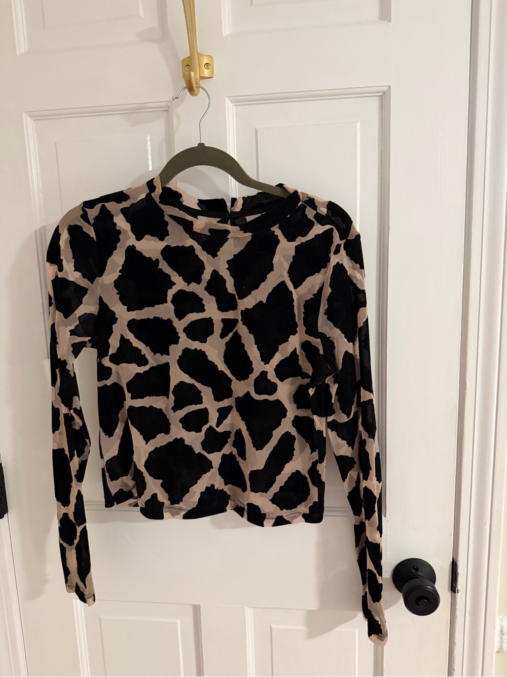 Topshop Black and Beige Animal-Print Long Sleeve Top